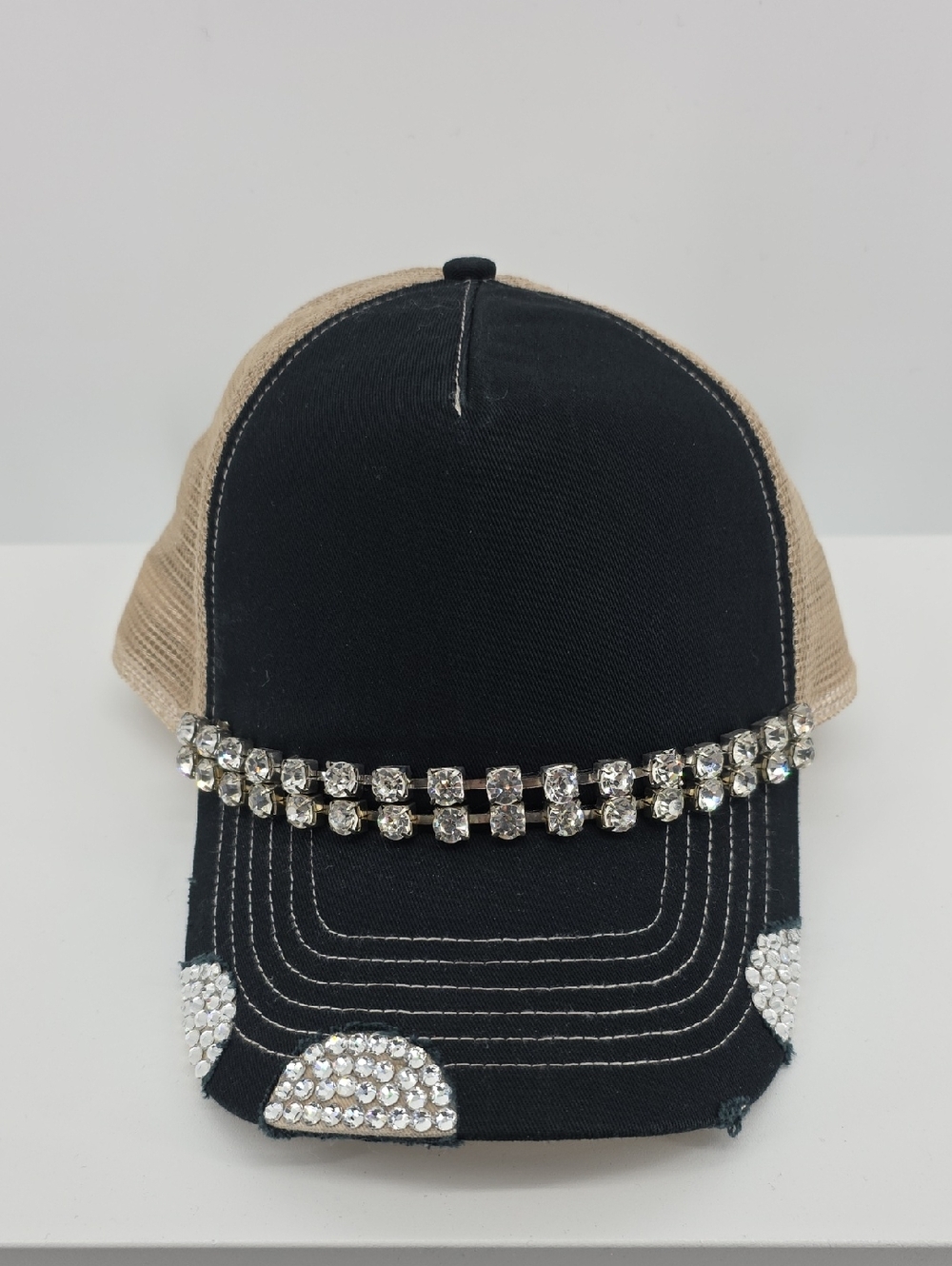 Rhinestone Embellished Black and Tan Trucker Hat